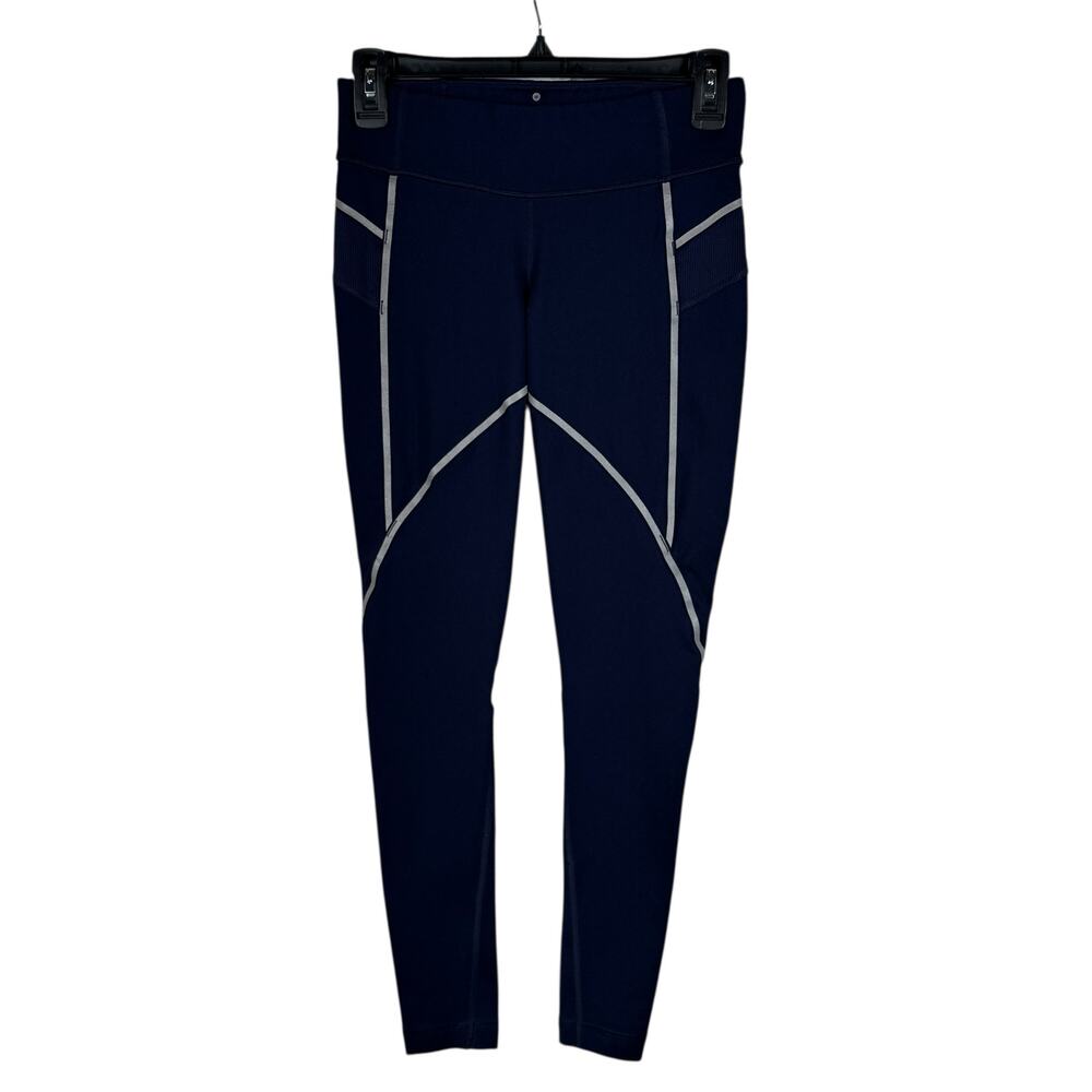 Athleta Small Reflective Stride Ankle Leggings Low-Rise Pockets Yoga Navy Blue